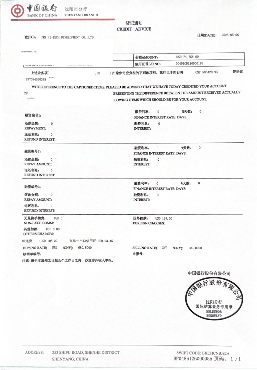 Bank Credit Advice 贷记通知 轻脱敏预览